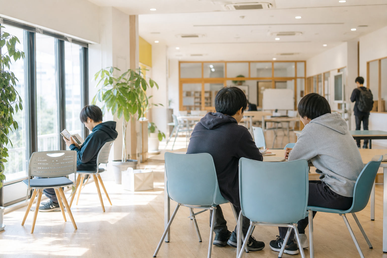 一人で読書する生徒と、友人と話す生徒が過ごす明るい校内