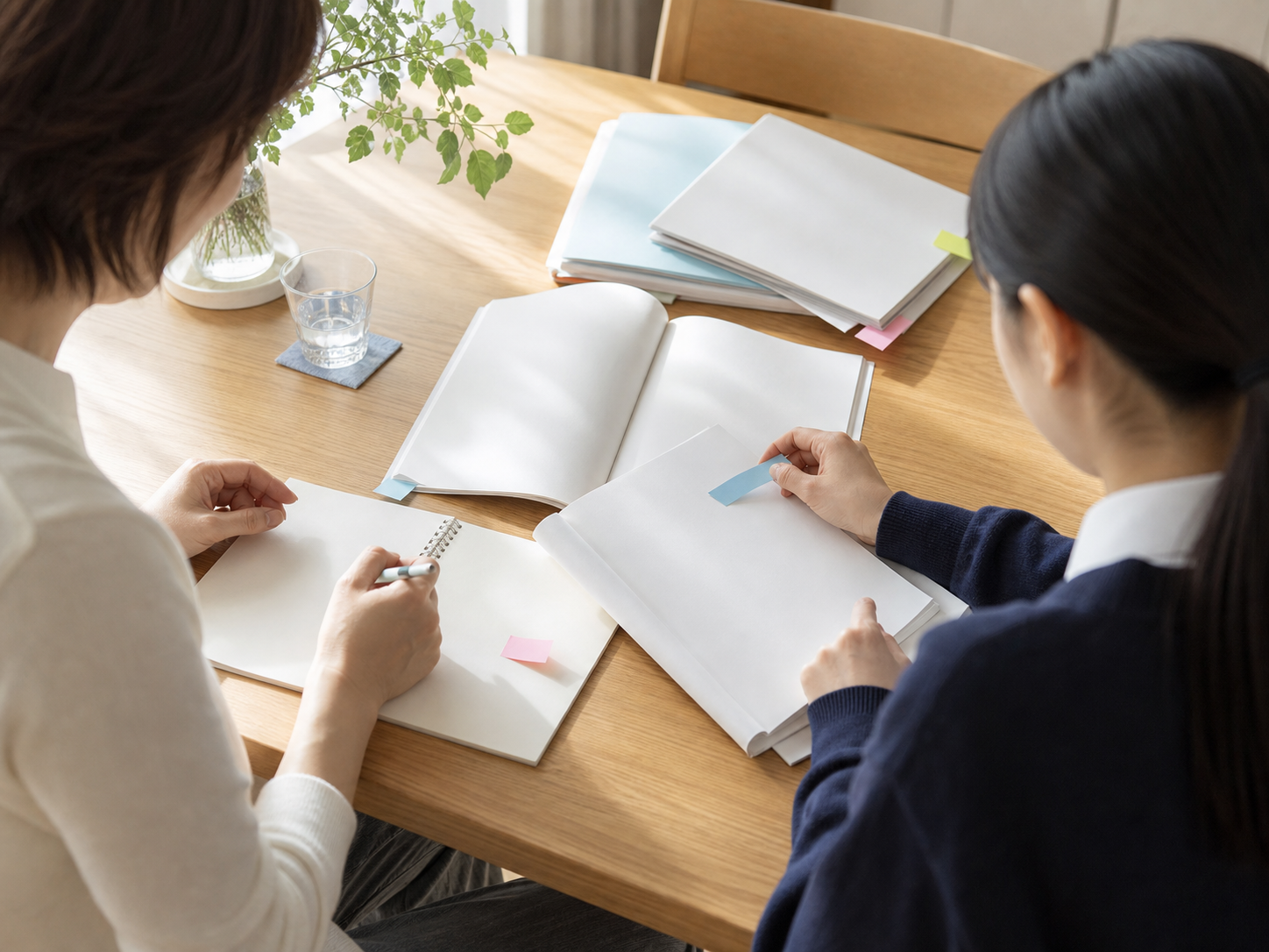 親子で学校資料を広げ、比較している様子