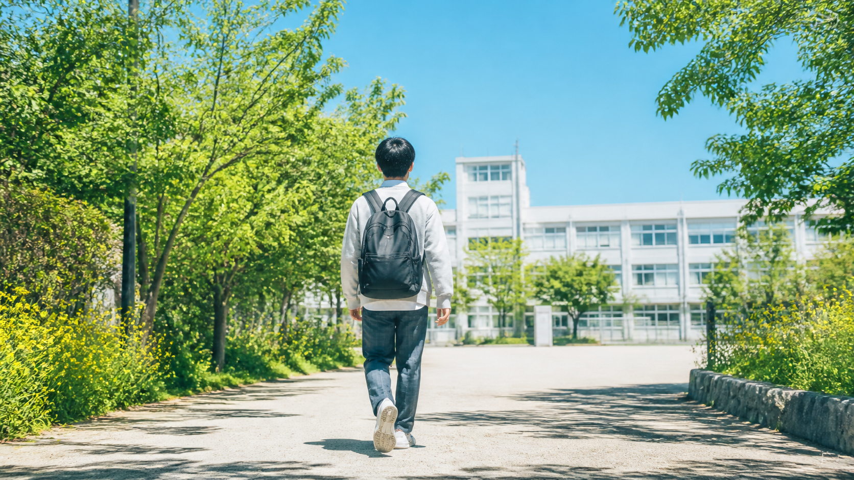 緑の中を学校へ向かう生徒